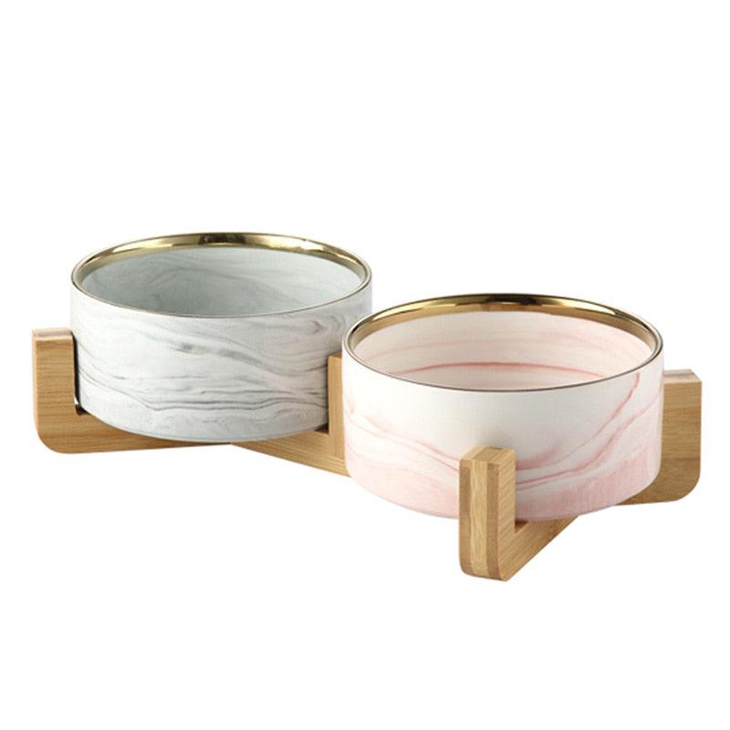 Marbling Ceramic Double Bowl For Pet - GeePaws